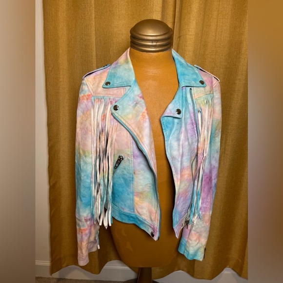 **RARE** Blank NYC Tie Dye Fringe Leather Moto Jacket - Picture 13 of 16
